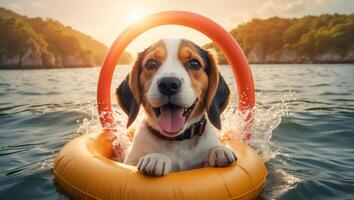 ai generiert süß Hund im ein Schwimmen Kreis beim Meer foto