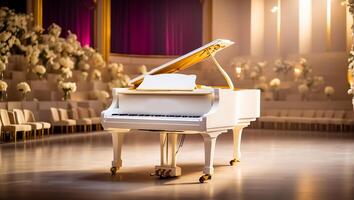 ai generiert schön Weiß Klavier im das Konzert Halle foto