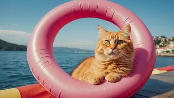 ai generiert süß Katze im ein Schwimmen Kreis foto