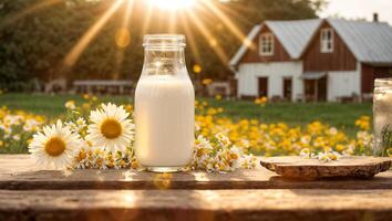 ai generiert Milch Flaschen auf das Bauernhof foto