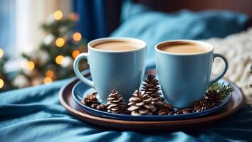 ai generiert schön Tassen mit Kaffee auf ein Tablett, ein Kiefer Kegel, ein Weihnachten Baum Zweig, im das Schlafzimmer foto