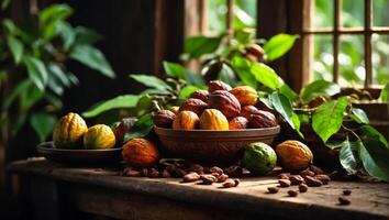 ai generiert reif Kakao Früchte im das Küche foto
