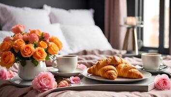 ai generiert Croissants, ein Tasse von Kaffee, Blumen auf ein Tablett im das Schlafzimmer foto