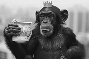 ai generiert Affe mit ein Krone auf seine Kopf und ein Glas von Tee im seine Pfote draußen foto