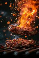 ai generiert ein herzhaft Steak auf Feuer, brutzelnd auf ein heiß Grill foto