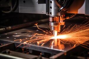 ai generiert Laser- Schneiden von Metall auf cnc Maschinen, modern industriell Technologie zum Herstellung industriell Teile. modern Metallbearbeitung foto