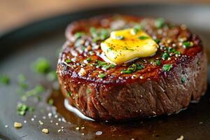 ai generiert gegrillt Fleisch Steak mit ein Stück von Käse auf ein Teller , serviert auf das Tabelle foto