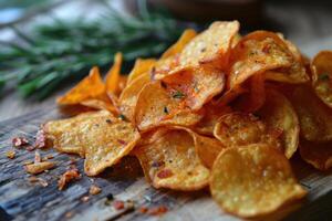 ai generiert frisch Kartoffel Chips verstreut auf das Tisch. ein köstlich Snack foto