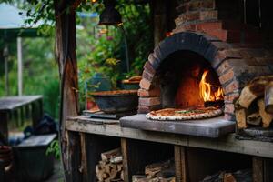 ai generiert köstlich frisch Italienisch Pizza Lügen in der Nähe von das Ofen, gebacken im ein Holzverbrennung Ofen foto