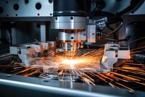 ai generiert Laser- Schneiden von Metall auf cnc Maschinen, modern industriell Technologie zum Herstellung industriell Teile. modern Metallbearbeitung foto