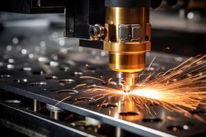 ai generiert Laser- Schneiden von Metall auf cnc Maschinen, modern industriell Technologie zum Herstellung industriell Teile. modern Metallbearbeitung foto