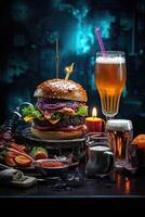 ai generiert ein einstellen von Bier zum Burger und andere Snacks auf das Tisch. dunkel Hintergrund, schnell Essen foto