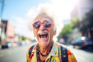 ai generiert Porträt von ein heiter glücklich Alten Mann mit Brille auf ein Straße Hintergrund foto