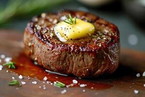 ai generiert gegrillt Fleisch Steak mit ein Stück von Käse auf ein Teller , serviert auf das Tabelle foto
