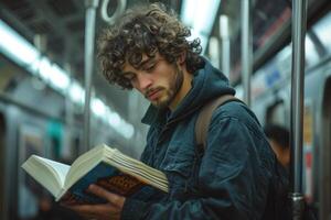 ai generiert ein lockiges Haar Mann Fahrten das U-Bahn zu Arbeit halten ein Buch und lesen es foto