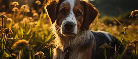 ai generiert st. bernard Hund faulenzen im Gras unter Blau Himmel. foto