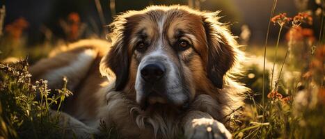 ai generiert st. bernard Hund faulenzen im Gras unter Blau Himmel. foto