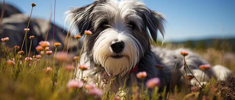 ai generiert spielerisch grau und Weiß Hund im ein Wiese von bunt Blumen. foto