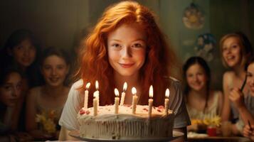 ai generiert ein rothaarig jung Mädchen werden Schlag aus das Kerzen auf das Geburtstag Kuchen foto