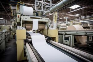 ai generiert ein Papier Produktion Linie beim ein Abfall Papier Recycling Fabrik. Fruchtfleisch und Papier Mühle foto