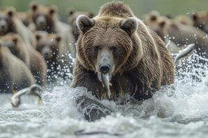 ai generiert ein braun Grizzly Bär ist Angeln auf das Fluss. Jagd foto