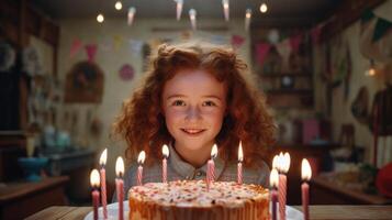 ai generiert ein rothaarig jung Mädchen werden Schlag aus das Kerzen auf das Geburtstag Kuchen foto