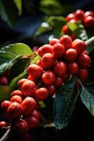 ai generiert Nahansicht von Kaffee Obst beim ein Kaffee Bauernhof auf ein Zweig, Kolumbien foto