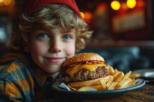 ai generiert ein Junge und ein groß doppelt Cheeseburger sind Lügen auf ein Tabelle im das Hintergrund von das Küche foto