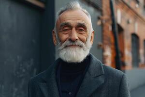 ai generiert Porträt von ein Alten Mann mit Bart und Mantel auf ein Stadt Straße foto