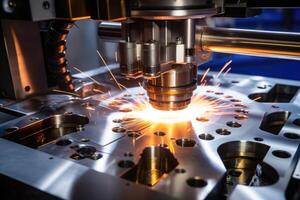 ai generiert Laser- Schneiden von Metall auf cnc Maschinen, modern industriell Technologie zum Herstellung industriell Teile. modern Metallbearbeitung foto