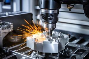 ai generiert Laser- Schneiden von Metall auf cnc Maschinen, modern industriell Technologie zum Herstellung industriell Teile. modern Metallbearbeitung foto