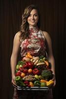 ai generiert ein glücklich Brünette Frau mit ein Lächeln hält ein Sortiment von Gemüse im ihr Hände. das Konzept von gesund Essen mit Gemüse foto