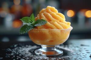 ai generiert Mango Sorbet im ein Glas auf das Tabelle . Eis am Stiel im ein Glas foto