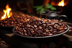 ai generiert geröstet Kaffee Bohnen Nahansicht im Geschirr . kolumbianisch Kaffee foto