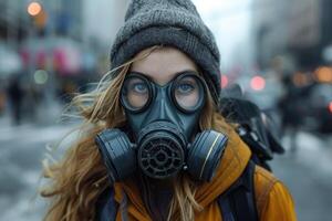 ai generiert ein Mädchen im ein Gas Maske auf ein Stadt Straße. schützend Atmung Hilfe foto