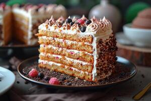 ai generiert ein stilvoll handgemacht Kuchen mit ein ausgeschnitten Stück steht auf das Stand von das Küche Tabelle foto