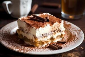 ai generiert Tiramisu - - Ursprung im Italien, Tiramisu ist ein mit Kaffeegeschmack Dessert gemacht mit Frauenfinger, Mascarpone Käse, und Kakao foto