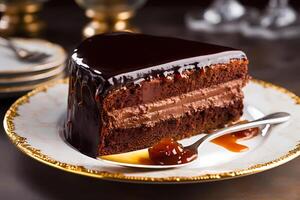 ai generiert sacher Torte - - Ursprung im Österreich, sacher Torte ist ein dicht Schokolade Kuchen geschichtet mit Aprikose Marmelade und bedeckt im dunkel Schokolade Glasur foto