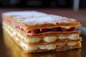 ai generiert Mille-Feuille - - ein Französisch Gebäck ebenfalls bekannt wie Napoleon, Mille-Feuille Eigenschaften Schichten von flockig Puff Gebäck gefüllt mit Sahne oder Vanillepudding, häufig gekrönt mit ein Glasur oder pulverisiert Zucker foto