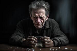 ai generiert Senior Mann nimmt Antidepressivum Medikation zum Depression. foto