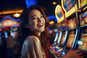 ai generiert aufgeregt asiatisch Frau spielen Slot Maschine im Kasino. foto