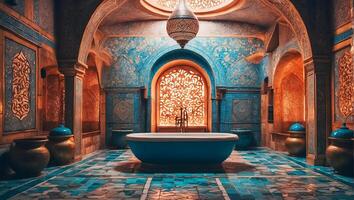 ai generiert schön Badezimmer im traditionell Türkisch Stil foto
