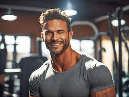 ai generiert gut aussehend brutal Mann im das Fitnessstudio foto