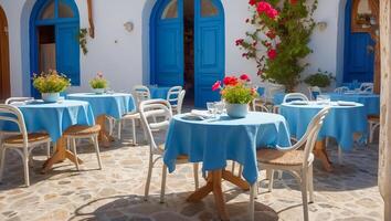 ai generiert Sommer- Cafe auf das Straße im Griechenland foto