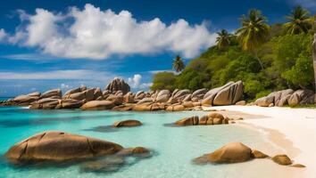 ai generiert großartig sonnig Strand im Seychellen foto