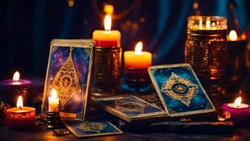 ai generiert Tarot Karten, Kerzen Hintergrund foto