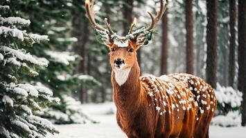 ai generiert süß Hirsch im das Winter Wald foto