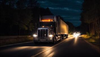 ai generiert modern LKW Fahren auf das Straße beim Nacht im Sommer- foto