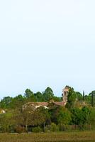 Glocke Turm und Dach Spitzen umgeben durch Grün und wolkenlos Himmel, Italien foto