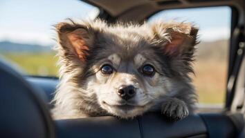 ai generiert süß Hund im das Auto foto